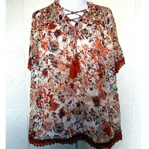 Miss Me Size Medium Shear BoHo Pheasant Rust brown short sleeve  lace ties